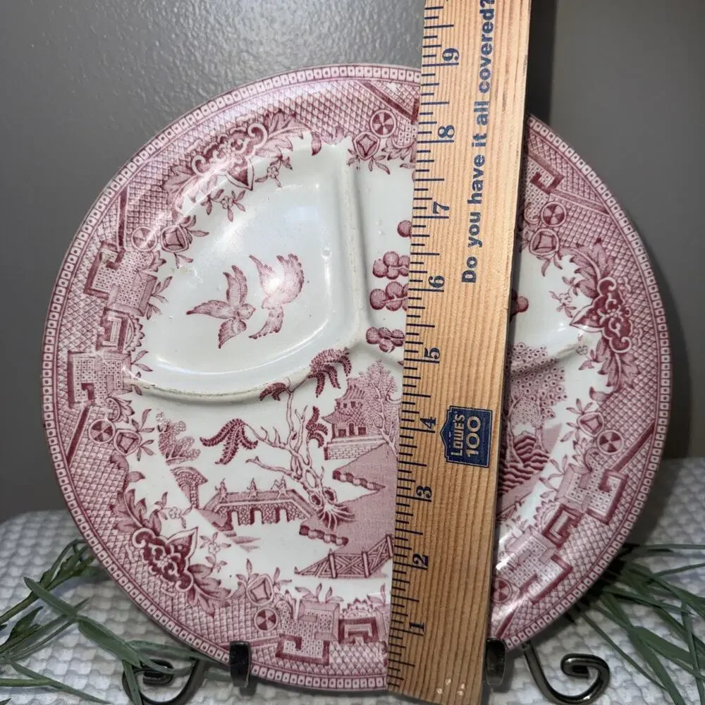 Vintage pink Rosa red Willow divided dinner plate outdoor scene birds, USA